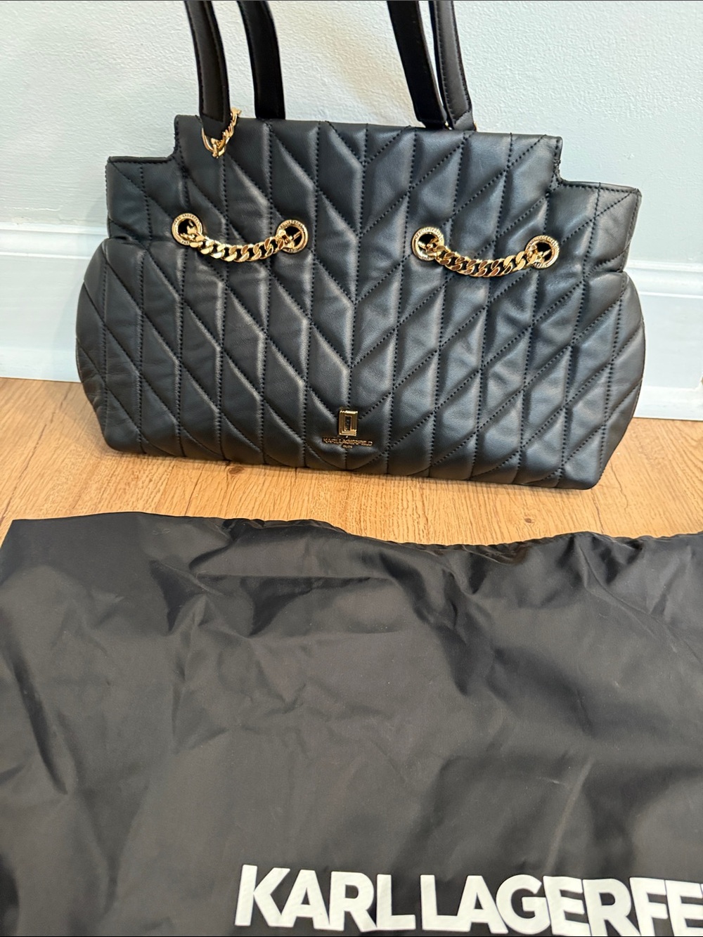 STUNNING Karl Lagerfeld Black Quilted Tote with Gold Chain Handles